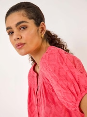 Roman Red Shirred Neck Textured 100% Cotton Top - Image 1 of 5