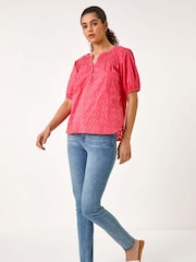 Roman Red Shirred Neck Textured 100% Cotton Top - Image 2 of 5