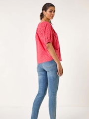 Roman Red Shirred Neck Textured 100% Cotton Top - Image 3 of 5