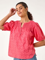Roman Red Shirred Neck Textured 100% Cotton Top - Image 4 of 5