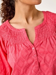 Roman Red Shirred Neck Textured 100% Cotton Top - Image 5 of 5