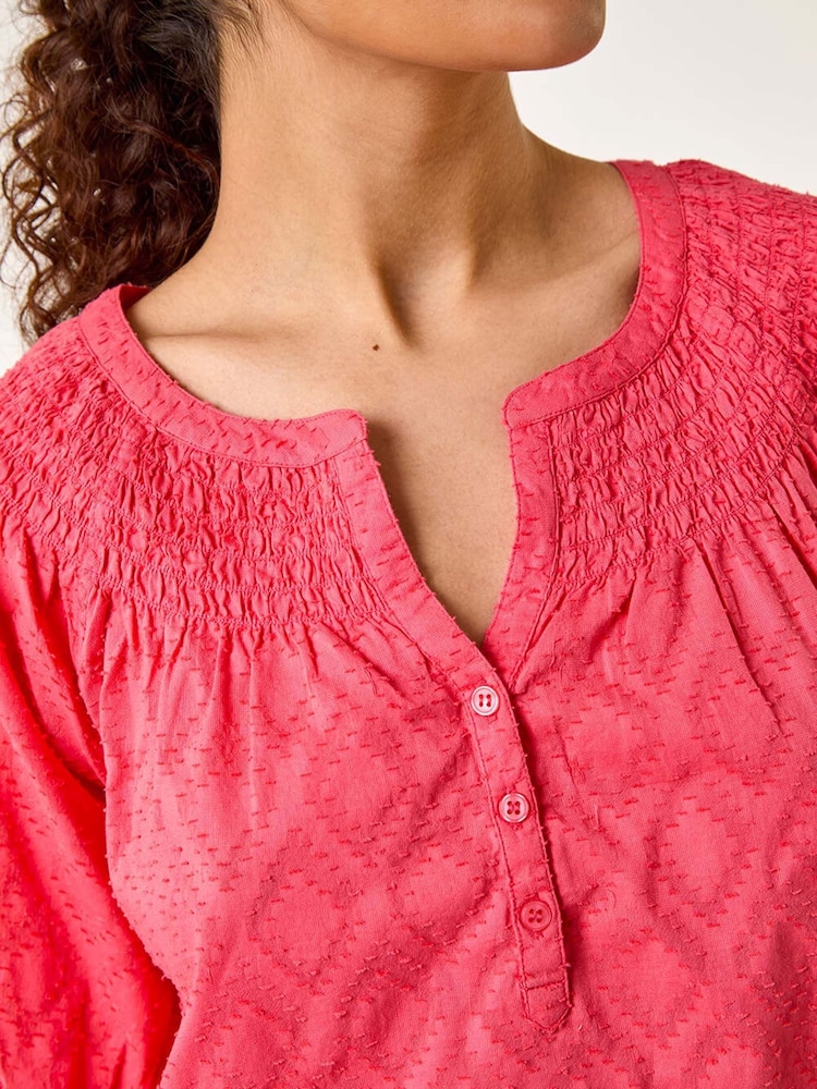 Roman Red Shirred Neck Textured 100% Cotton Top - Image 5 of 5