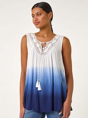Roman Blue Cotton Lace Detail Ombre Vest Top - Image 4 of 5