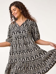Roman Black Print Tie Front Smock Dress - Image 3 of 5
