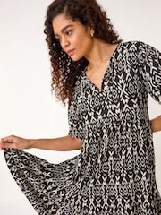 Roman Black Print Tie Front Smock Dress - Image 4 of 5
