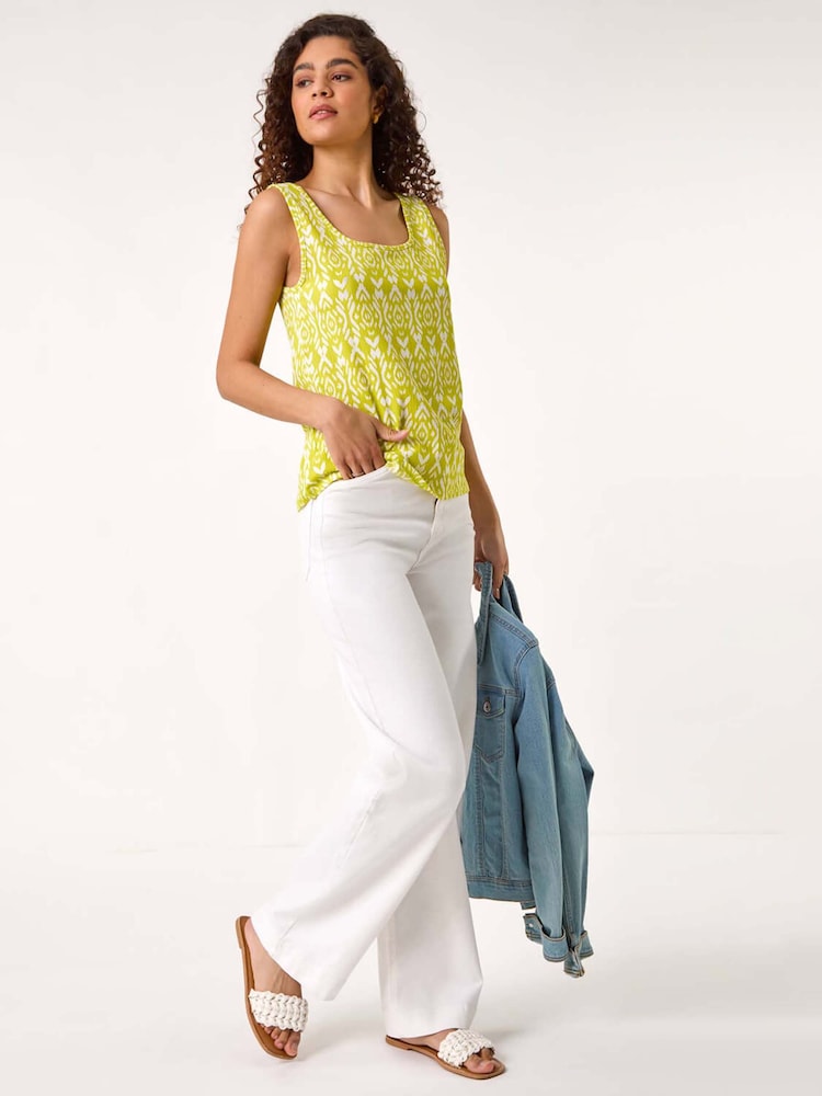 Roman Green Ikat Print Textured Vest Top - Image 2 of 5