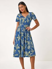 Roman Blue Leaf Print Stretch Midi Dress - Image 1 of 5
