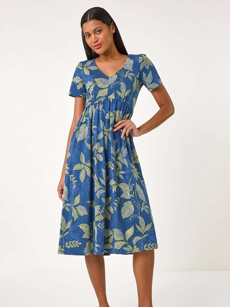Roman Blue Leaf Print Stretch Midi Dress - Image 1 of 5