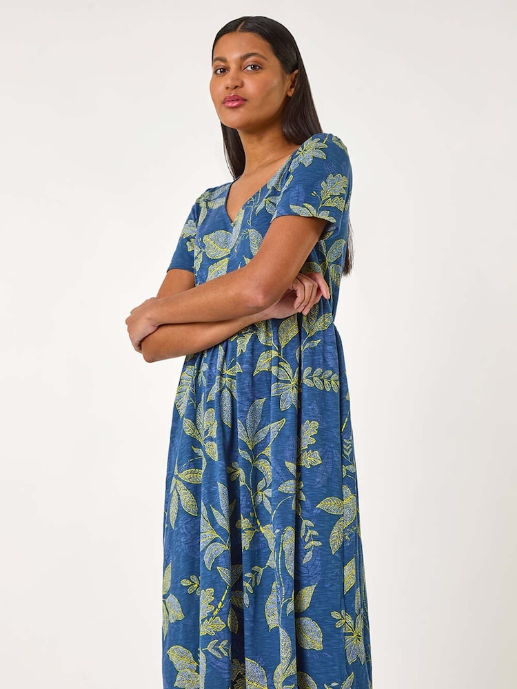 Roman Blue Leaf Print Stretch Midi Dress - Image 3 of 5