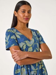 Roman Blue Leaf Print Stretch Midi Dress - Image 4 of 5