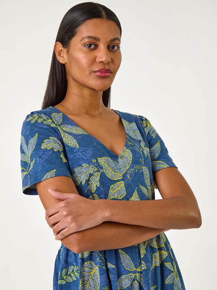 Roman Blue Leaf Print Stretch Midi Dress - Image 4 of 5
