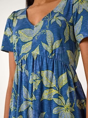 Roman Blue Leaf Print Stretch Midi Dress - Image 5 of 5