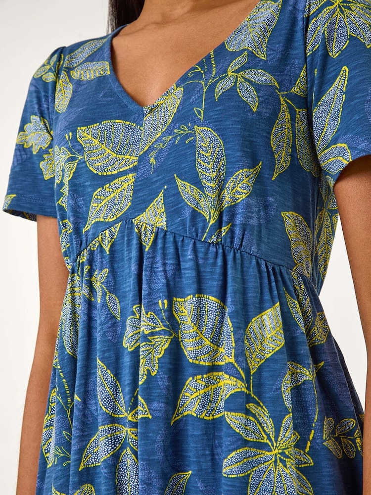 Roman Blue Leaf Print Stretch Midi Dress - Image 5 of 5