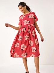 Roman Pink Floral Print Smock Midi Dress - Image 1 of 5