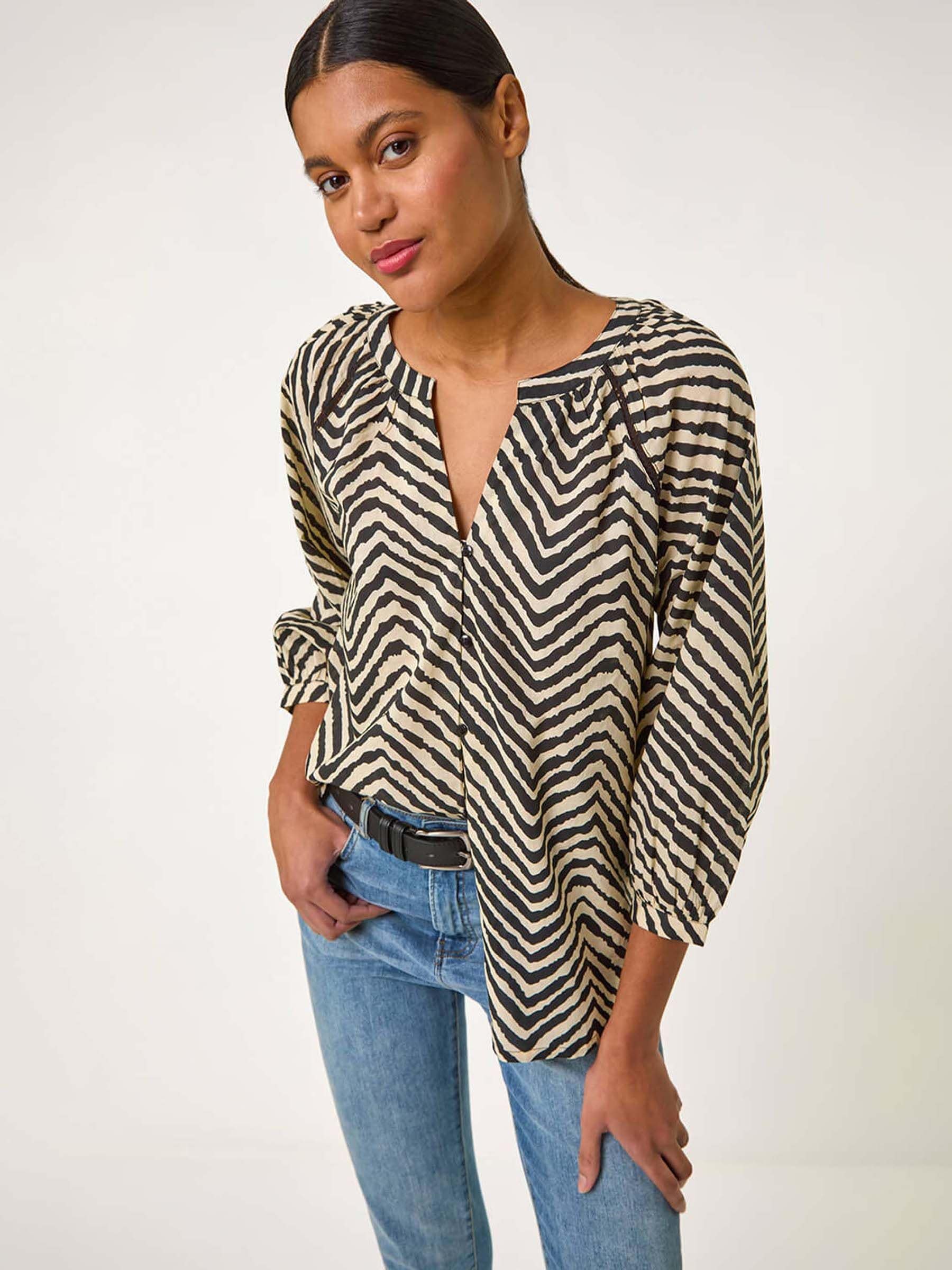 Roman Black Linear Print V-Neck 100% Cotton Blouse