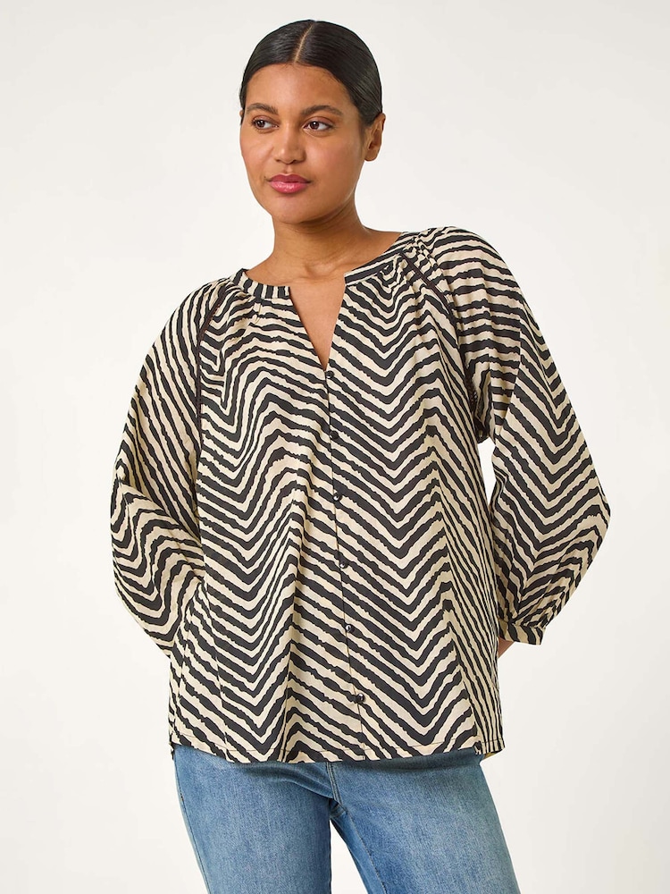 Roman Linear Print V-Neck 100% Cotton Blouse - Bild 2 von 5