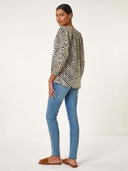 Roman Linear Print V-Neck 100% Cotton Blouse - Bild 3 von 5
