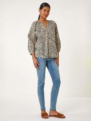 Roman Linear Print V-Neck 100% Cotton Blouse - Bild 4 von 5