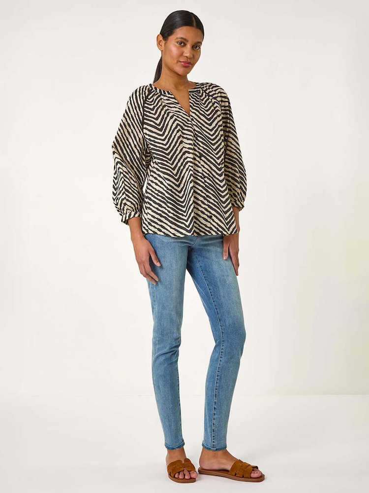 Roman Black Linear Print V-Neck 100% Cotton Blouse - Image 4 of 5