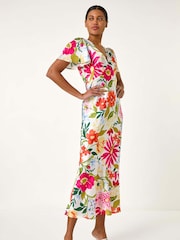 Roman White Floral Satin Midi Dress - Image 2 of 5