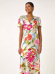 Roman White Floral Satin Midi Dress - Image 3 of 5