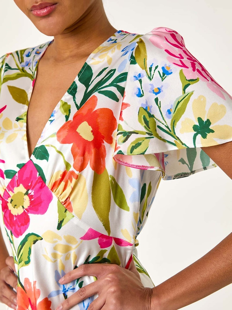 Roman White Floral Satin Midi Dress - Image 5 of 5