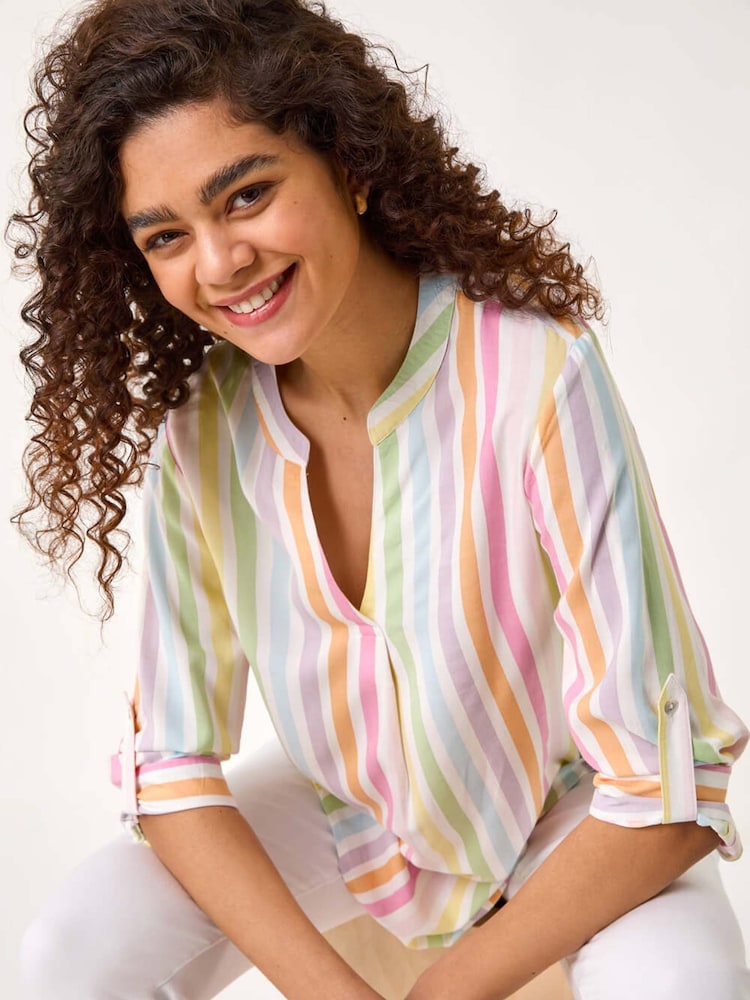 Roman Pink Stripe Print Pleat Detail Tunic Top - Image 1 of 5