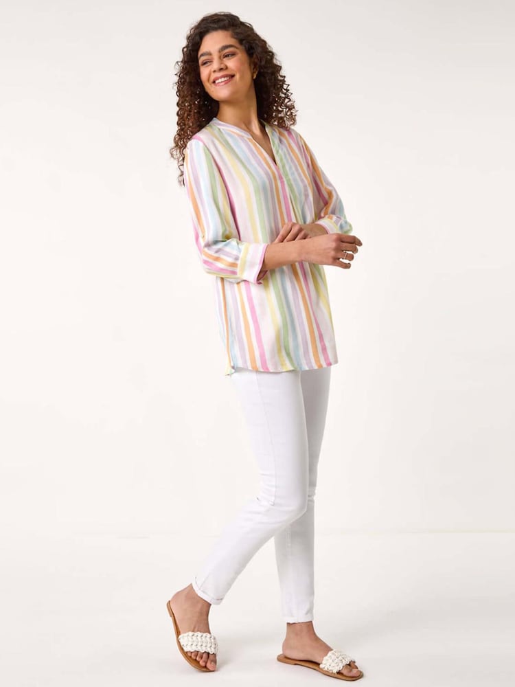 Roman Pink Stripe Print Pleat Detail Tunic Top - Image 2 of 5