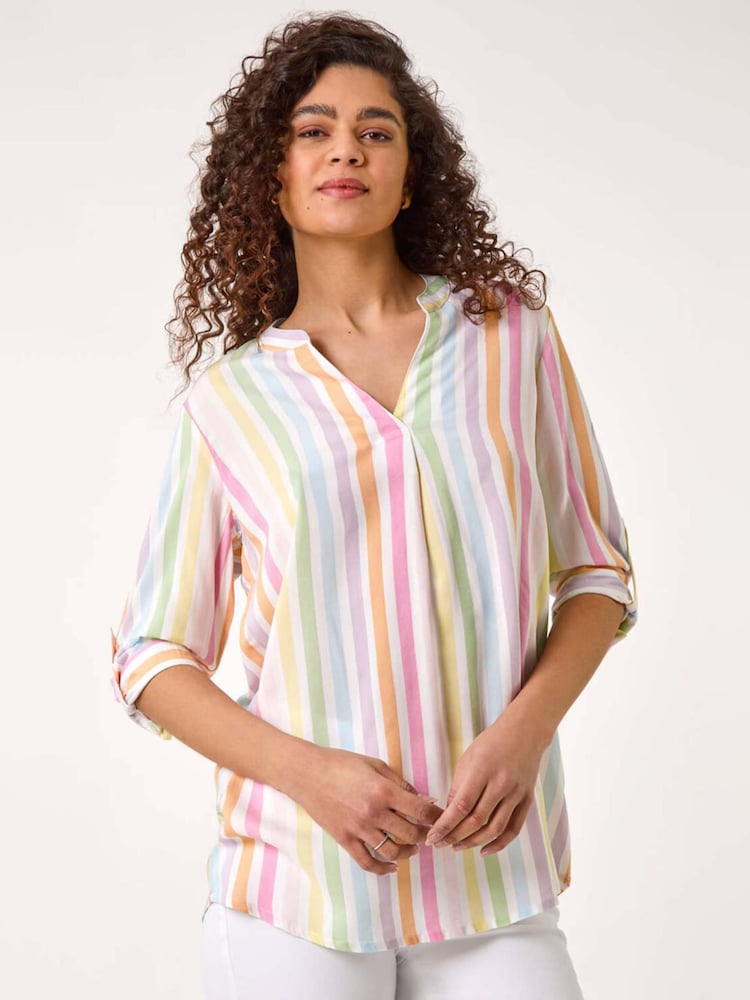 Roman Pink Stripe Print Pleat Detail Tunic Top - Image 4 of 5