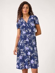 Roman Purple Floral Puff Print Stretch Tea Dress - Image 3 of 5