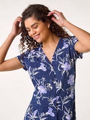 Roman Purple Floral Puff Print Stretch Tea Dress - Image 4 of 5