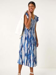 Roman Blue Wave Print Shirred Midi Dress - Image 1 of 5