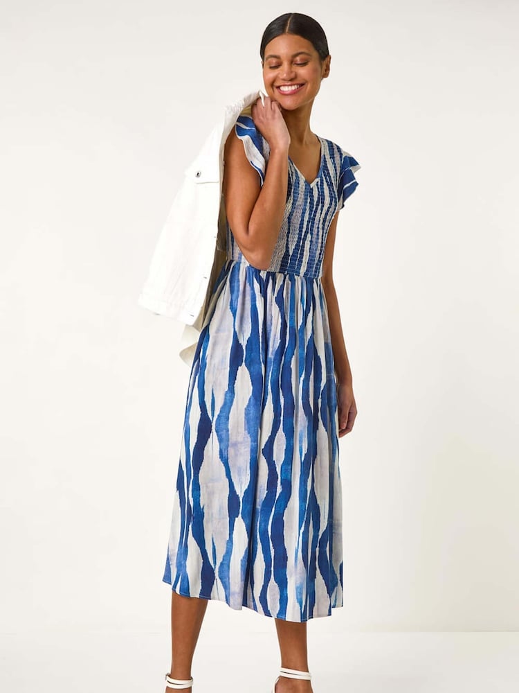 Roman Blue Wave Print Shirred Midi Dress - Image 1 of 5