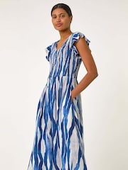 Roman Blue Wave Print Shirred Midi Dress - Image 2 of 5