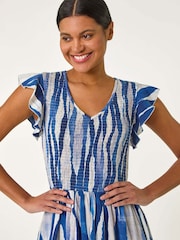 Roman Blue Wave Print Shirred Midi Dress - Image 3 of 5
