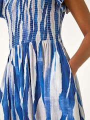 Roman Blue Wave Print Shirred Midi Dress - Image 4 of 5