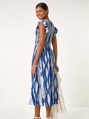Roman Blue Wave Print Shirred Midi Dress - Image 5 of 5