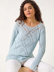 Roman Blue Diamond Textured Crochet Jumper - Image 1 of 5