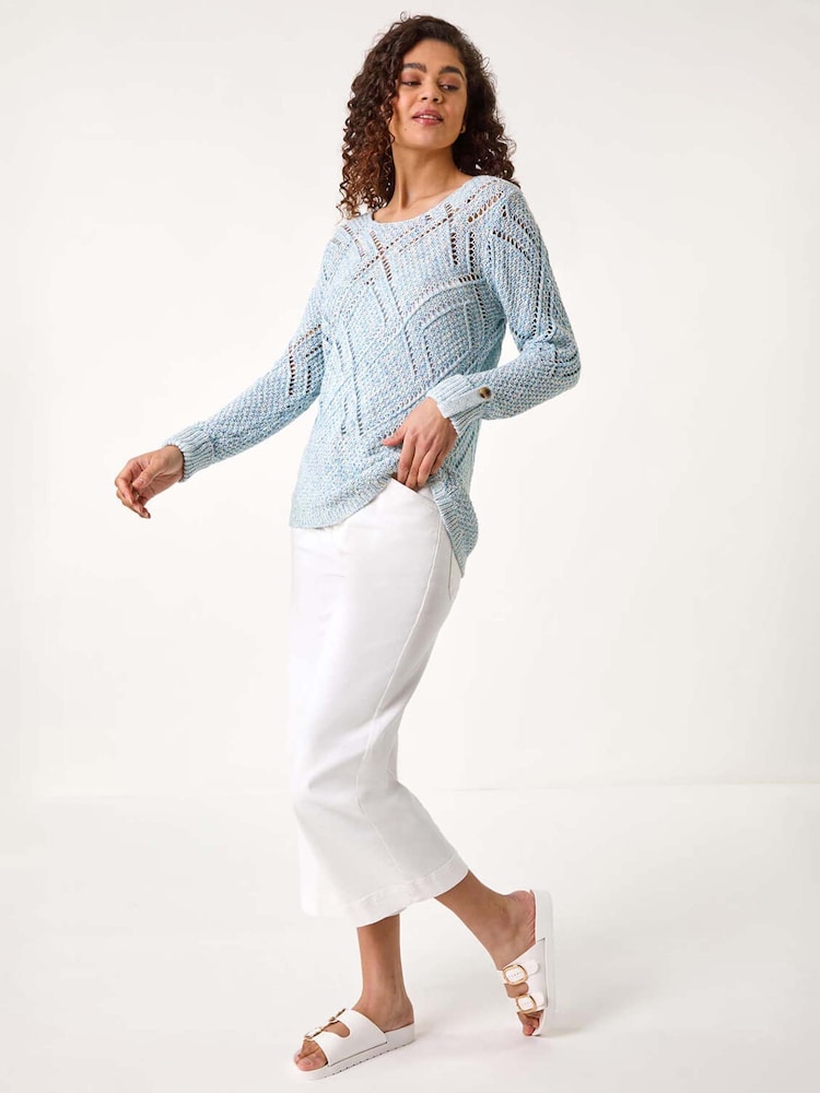 Roman Blue Diamond Textured Crochet Jumper - Image 2 of 5