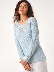 Roman Blue Diamond Textured Crochet Jumper - Image 4 of 5