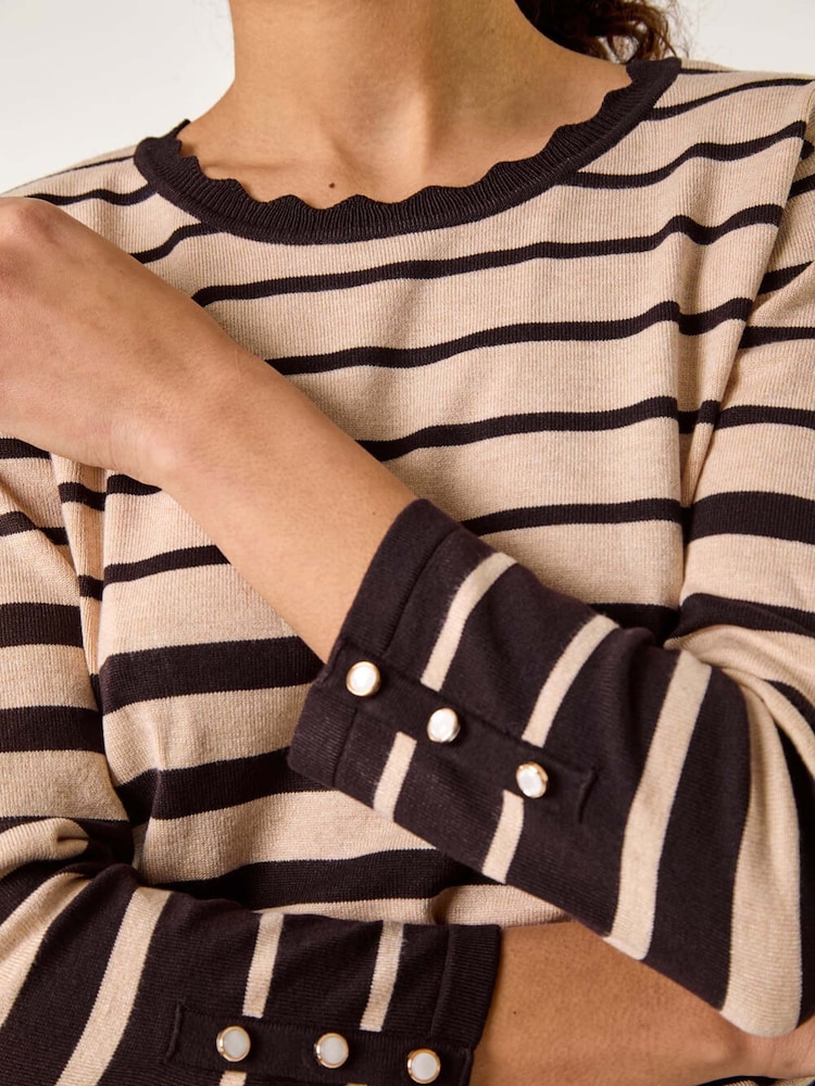 Roman Brown Stripe Scallop Neck Knit Jumper - Image 5 of 5