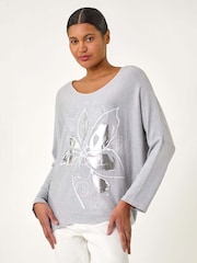 Roman Grey Foil Flower Print Tunic Top - Image 3 of 5