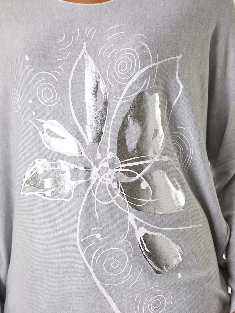 Roman Grey Foil Flower Print Tunic Top - Image 5 of 5