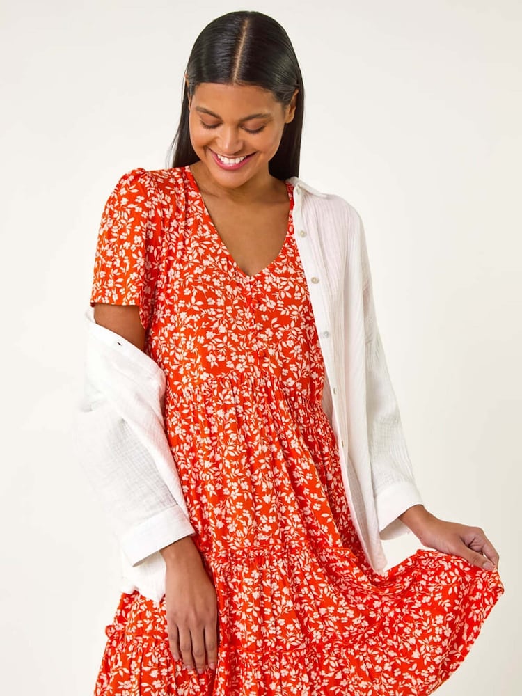 Roman Orange Floral Short Tea Dress - Image 2 of 5