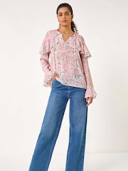 Roman Pink Floral Print Tie Front Top - Image 1 of 5