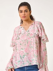 Roman Pink Floral Print Tie Front Top - Image 4 of 5