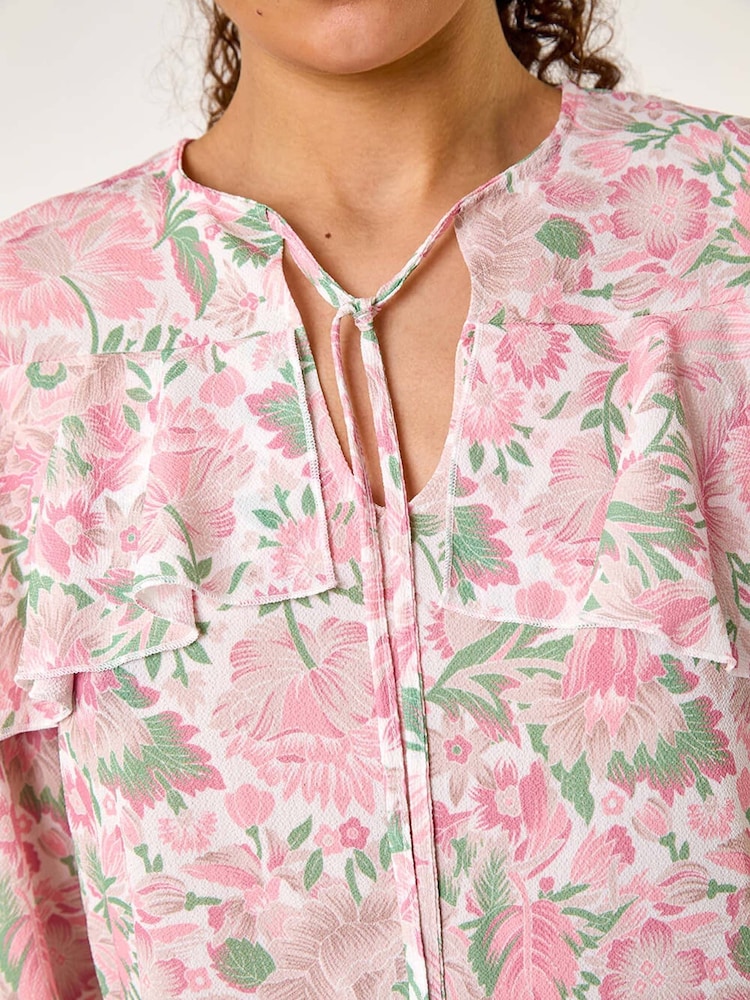 Roman Pink Floral Print Tie Front Top - Image 5 of 5
