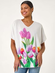 Roman Tulip Motif V-Neck Stretch Top - Imagen 1 de 5