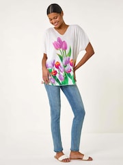 Roman Tulip Motif V-Neck Stretch Top - Imagen 2 de 5