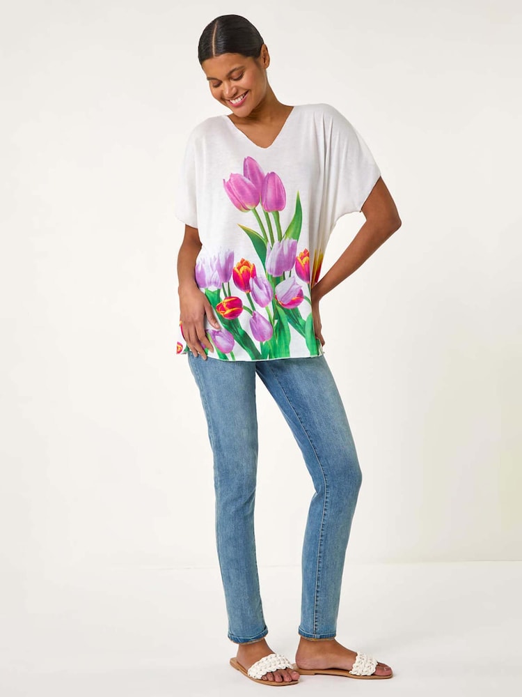 Roman Tulip Motif V-Neck Stretch Top - Imagen 2 de 5